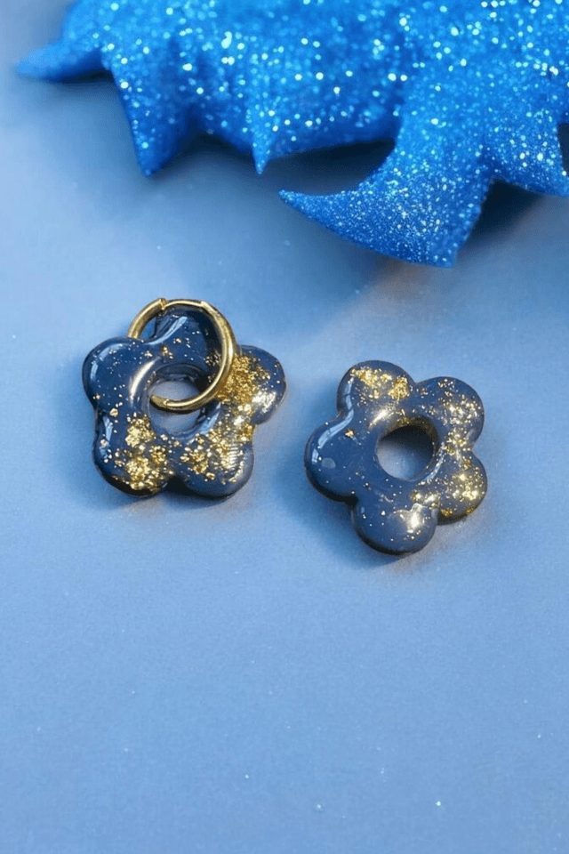 Pampilles interchangeables fleurs bleu foncé et feuilles dorées pour créole 