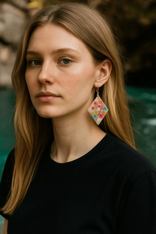 Boucles d'oreilles artisanales en résine uv, hypoallergénique fait main en France 