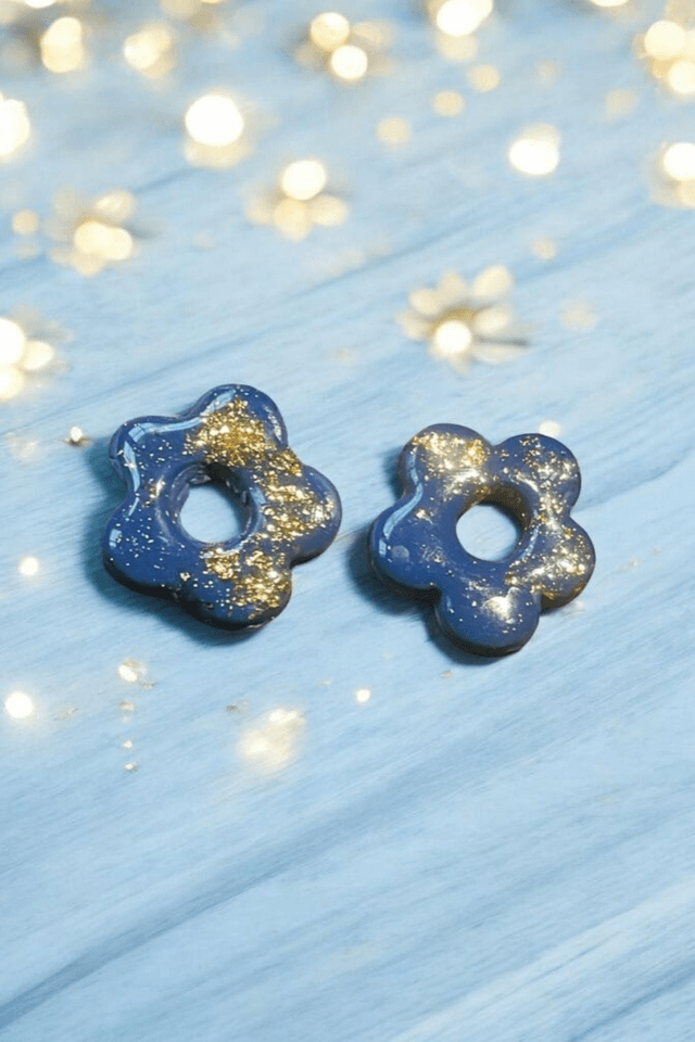 Pampilles interchangeables fleurs bleu foncé et feuilles dorées pour créole 
